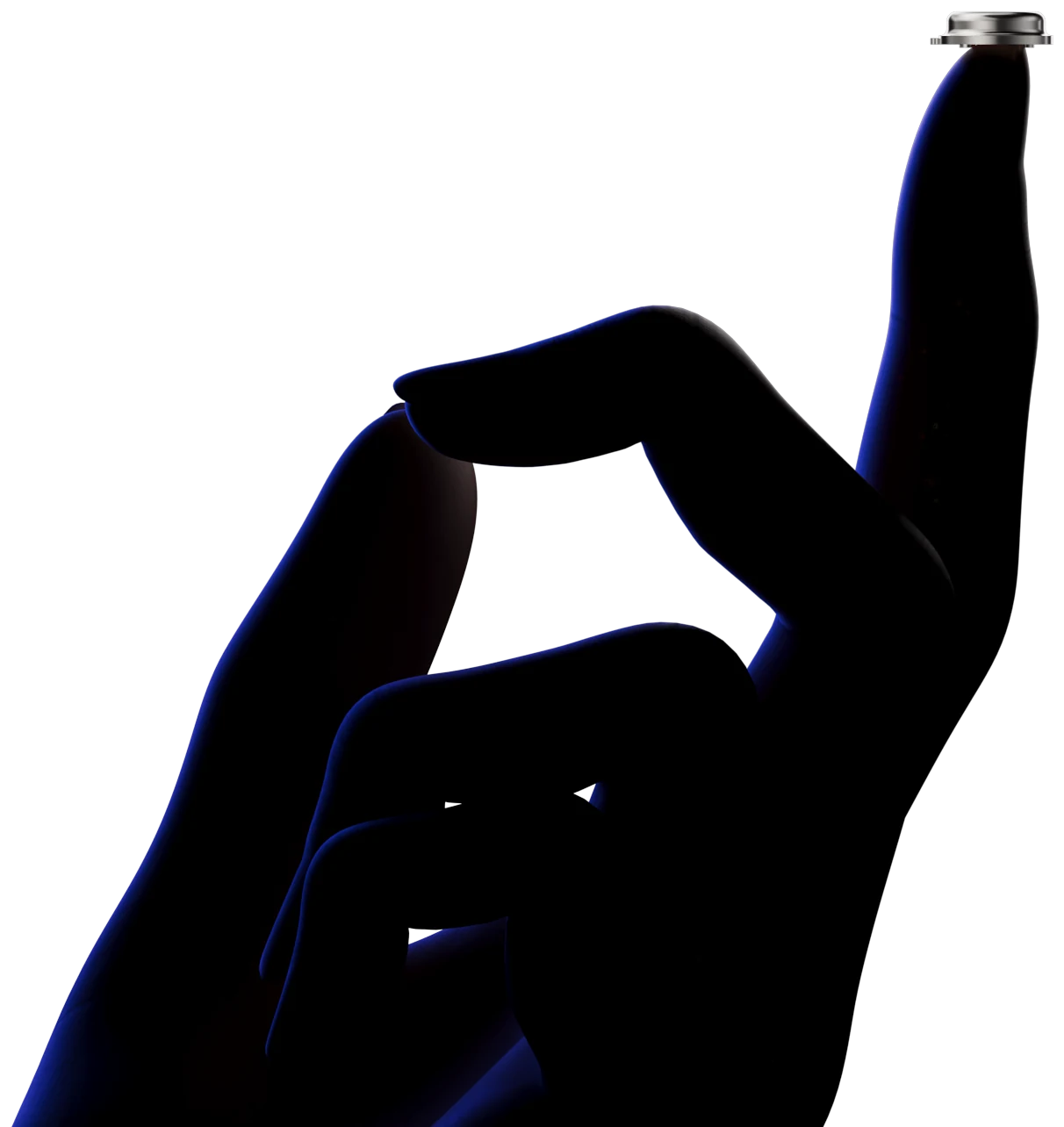 PrimeSwitch™, a miniature electromechanical relay, held on a fingertip.
