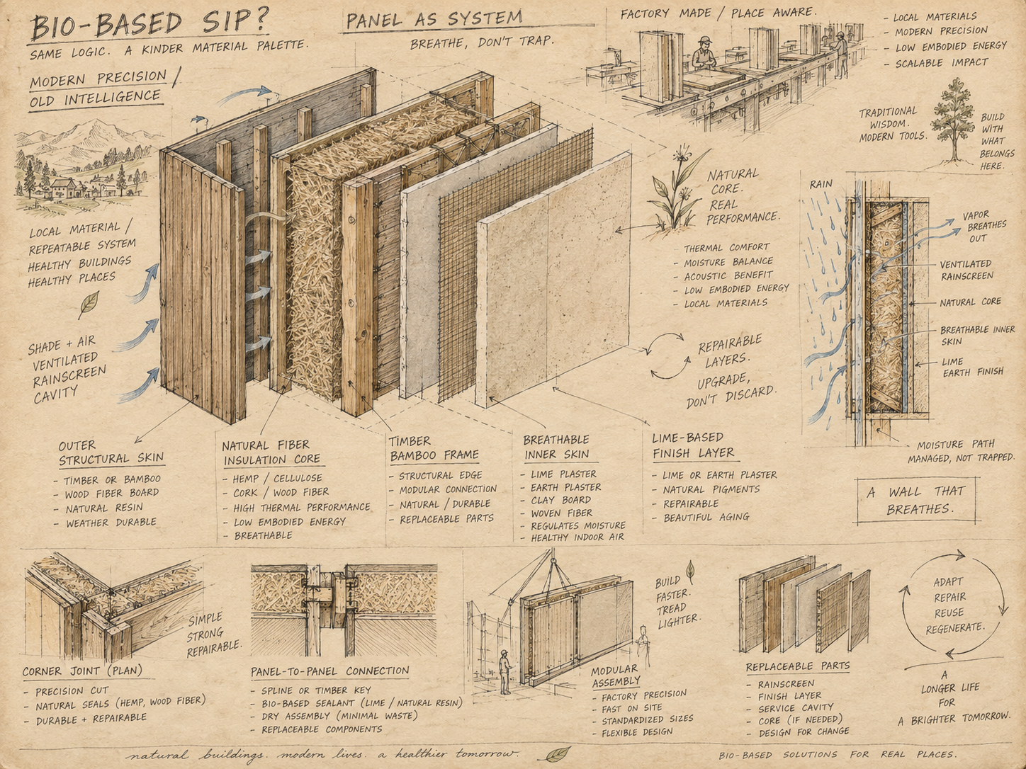 Hand-drawn exploration of a bio-based prefabricated wall panel: an exploded view with a timber or bamboo outer skin, a natural fibre insulation core, a timber frame, a breathable inner skin and a lime finish, with a ventilated rainscreen section, factory line, corner and panel joints, modular assembly and replaceable layers. A concept, not a tested product.
